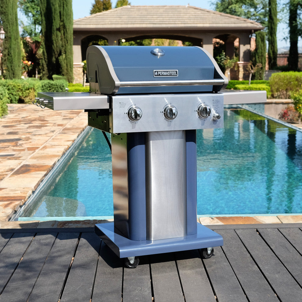 Permasteel 3 Burner Propane Gas Grill with Folding Side Shelves, Azure