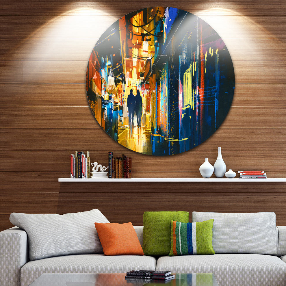 Couple Walking In An Alley, Cityscape Disc Metal Artwork, 36"