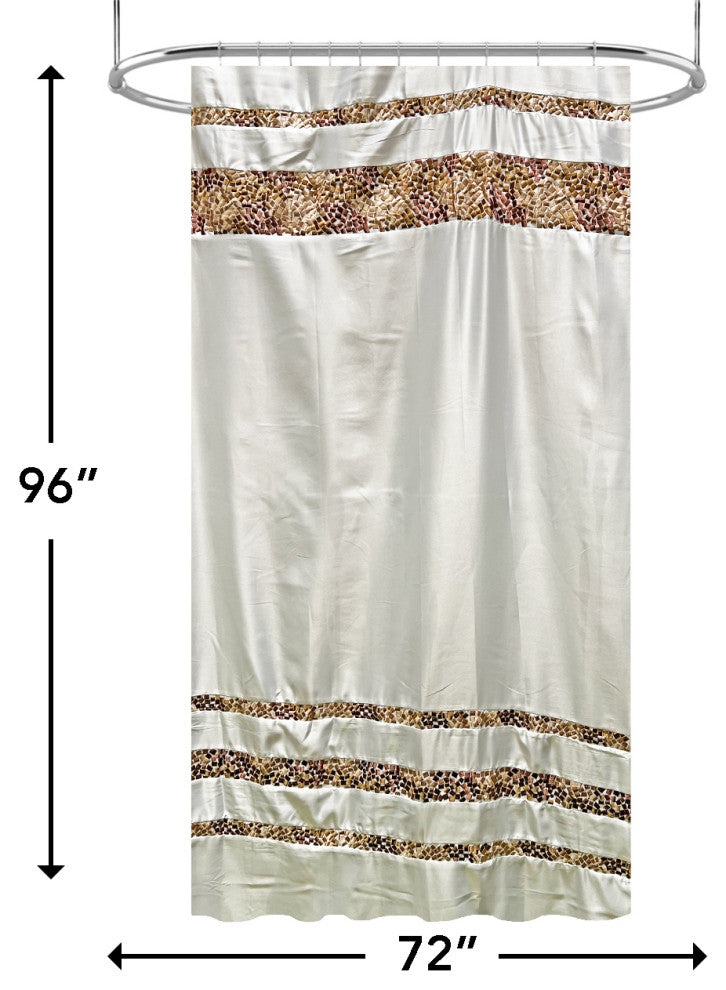 Spa Tile White Soft Fabric Shower Curtain With Multicolor Embroidered Tile Bands, Brown, 72x96"