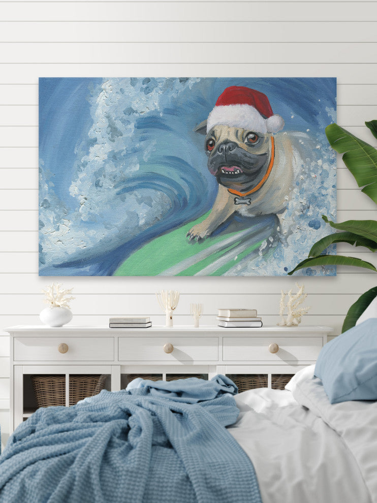 "Santa Catching the Wave" Painting Print on Wrapped Canvas, 30x20