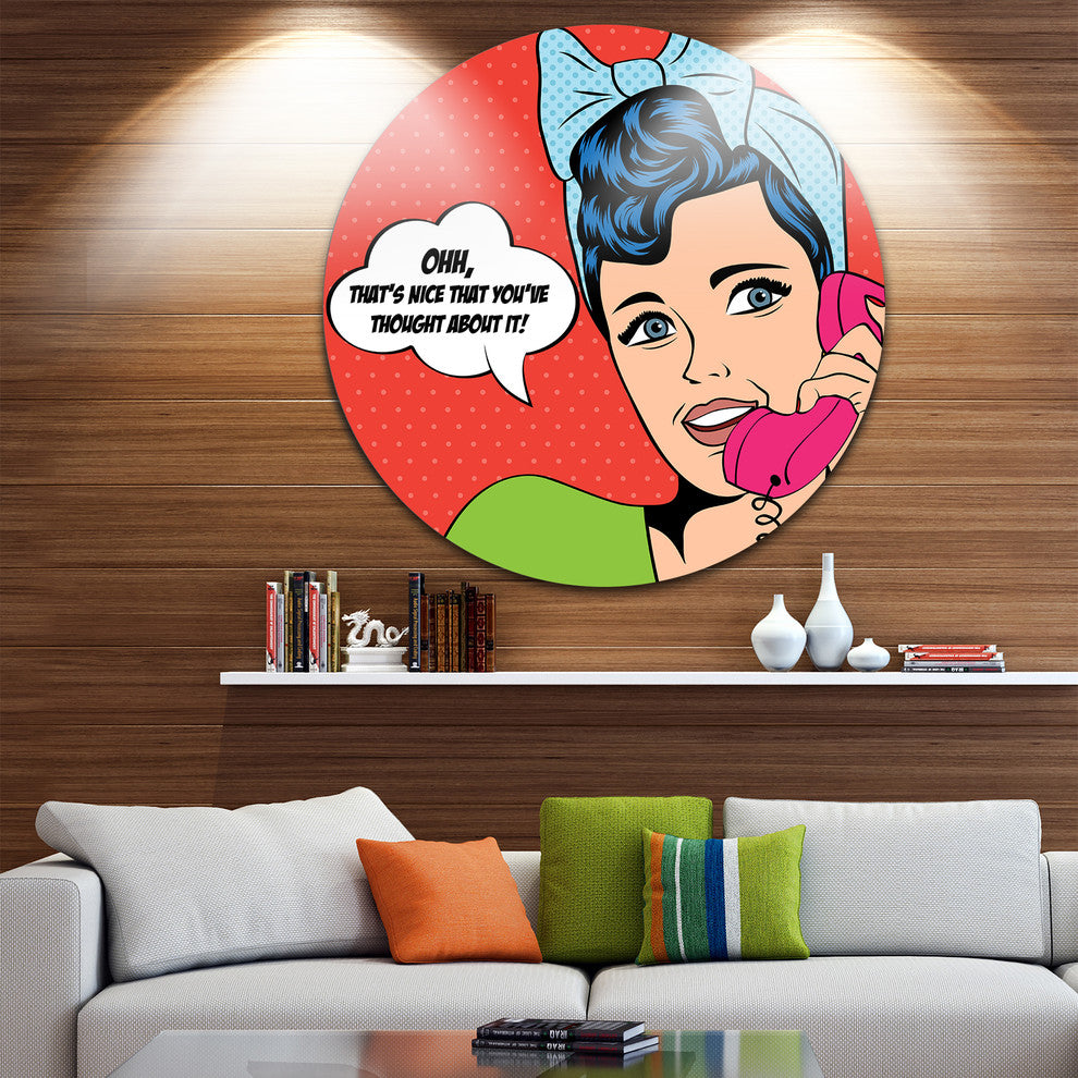 Woman Talking On Phone, Portrait Digital Art Disc Metal Wall Art, 23"