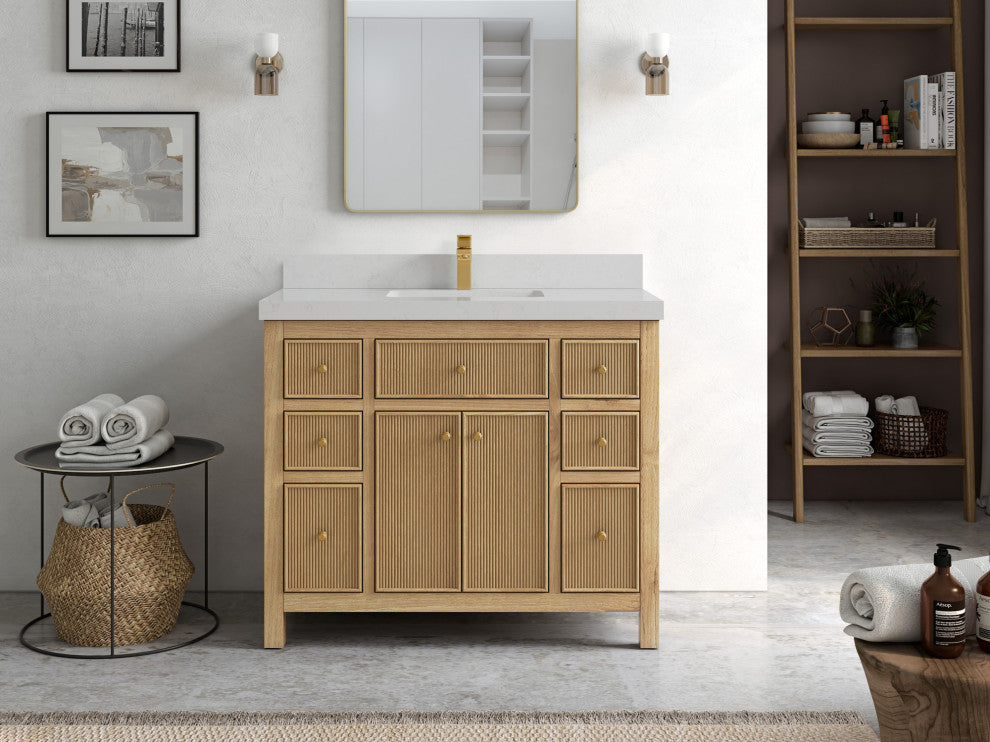 Sonoma 42 Single Sink Bath Vanity in Light Natural Teak with 2" Carrara Quartz