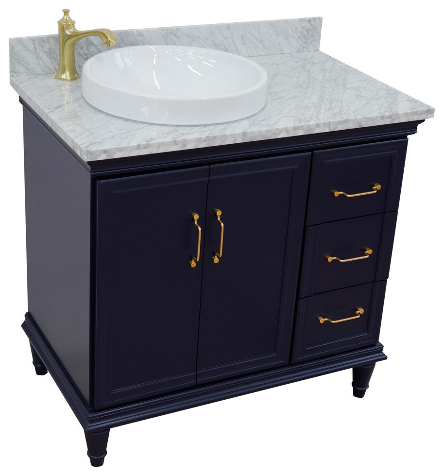 37" Single Vanity, Blue Finish With White Carrara