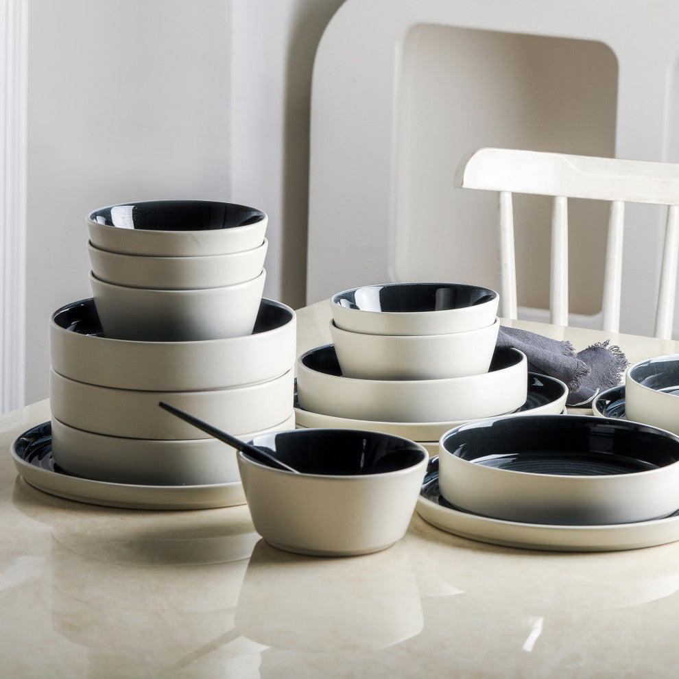 Stone Lain Elica Stoneware 24 Piece Dinnerware Set, Black and Beige