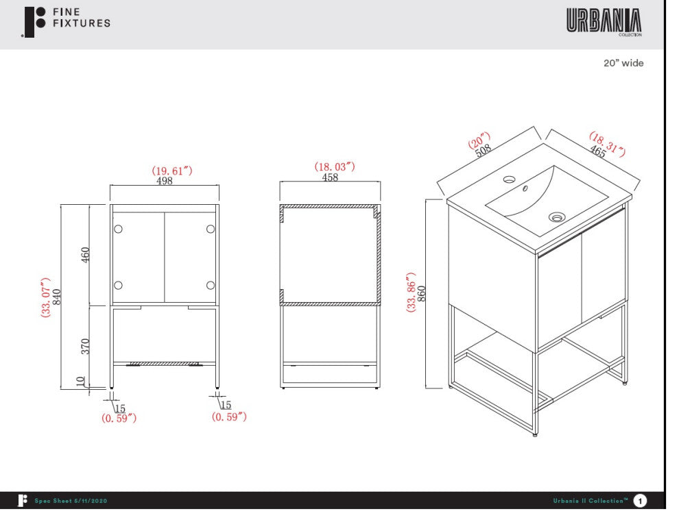 Urbania Vanity Set, White, 20", Single Sink