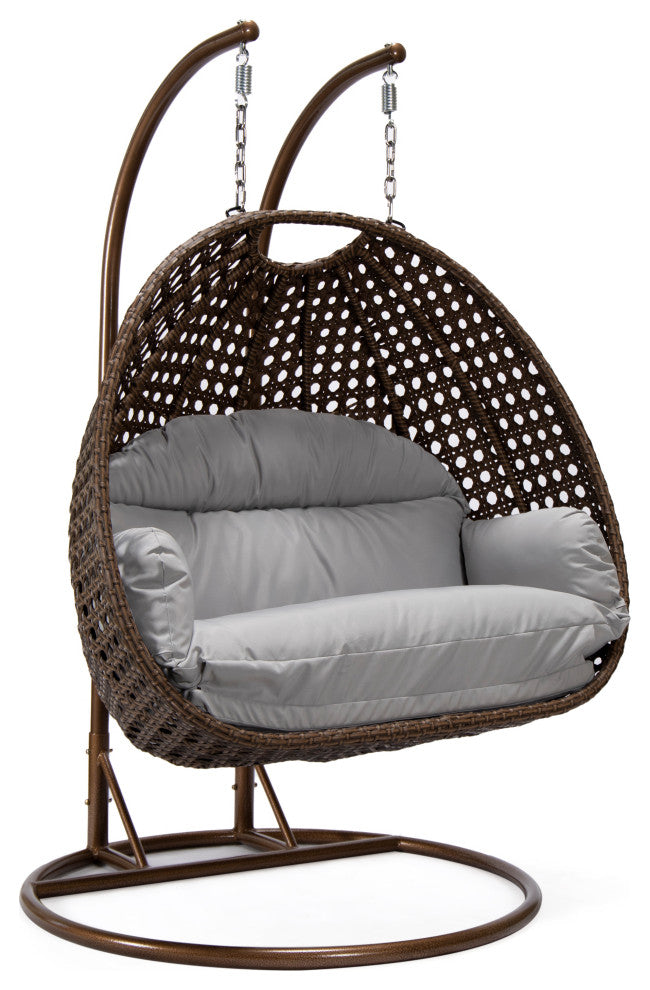 LeisureMod Mendoza Dark Brown Wicker Hanging Double Egg Swing Chair, Light Gray