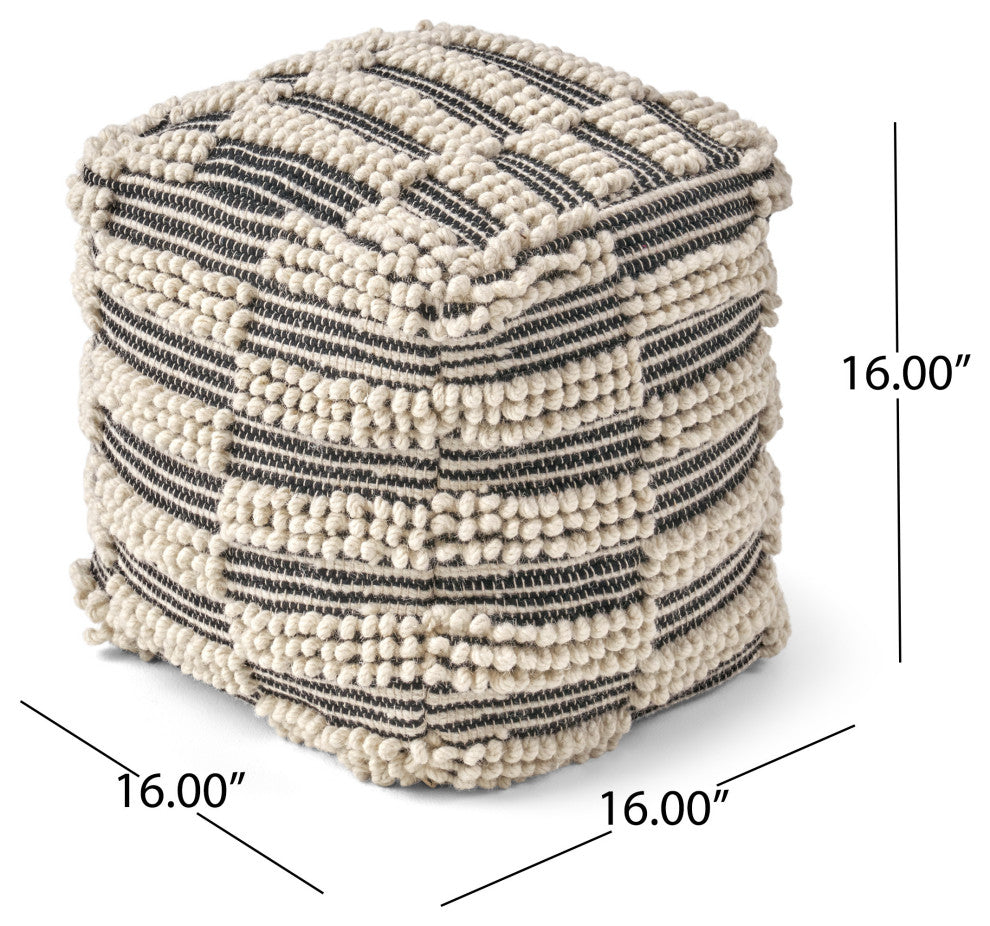 Tess Contemporary Wool and Cotton Pouf Ottoman, White + Black