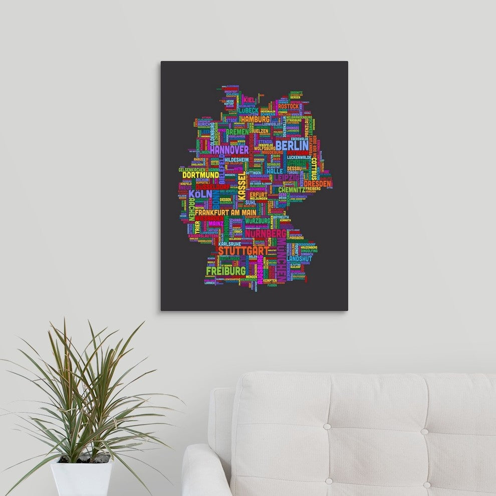 German Cities Text Map, Multicolor on Grey Wrapped Canvas Art Print, 18"x24