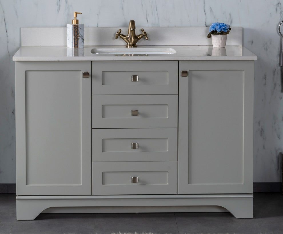 Livia Collection 48" Bath Vanity Quartz Top and Ceramic Sink, Grey, 48"