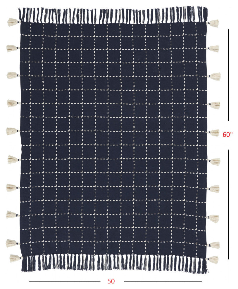 Navy and White Stitched Square Pattern Cotton Throw Blanket