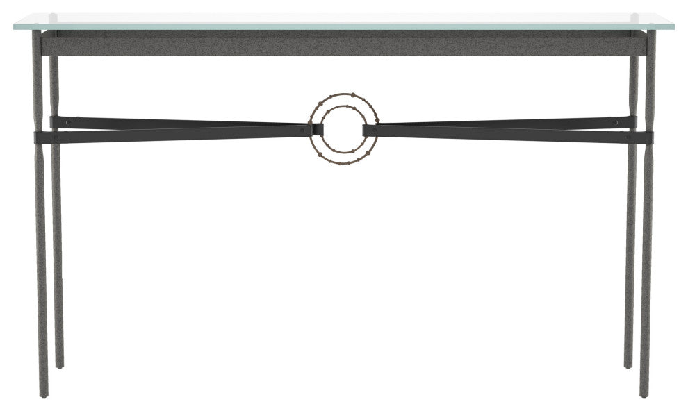 Equus Console Table, Natural Iron Finish - Bronze Accents - Black Leather Strap