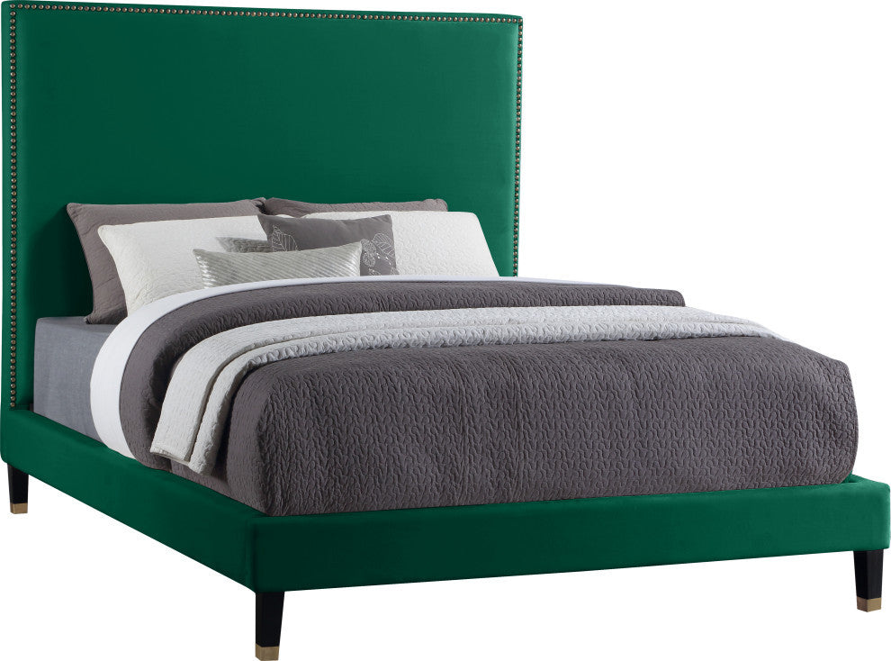 Harlie Velvet Upholstered Bed, Green, Queen