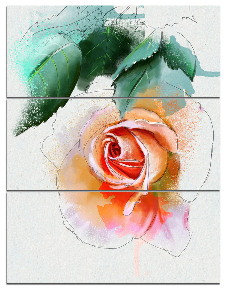 Beautiful Red Rose with Leaves, Floral Triptych Canvas Print, 28x36, 3 Panels