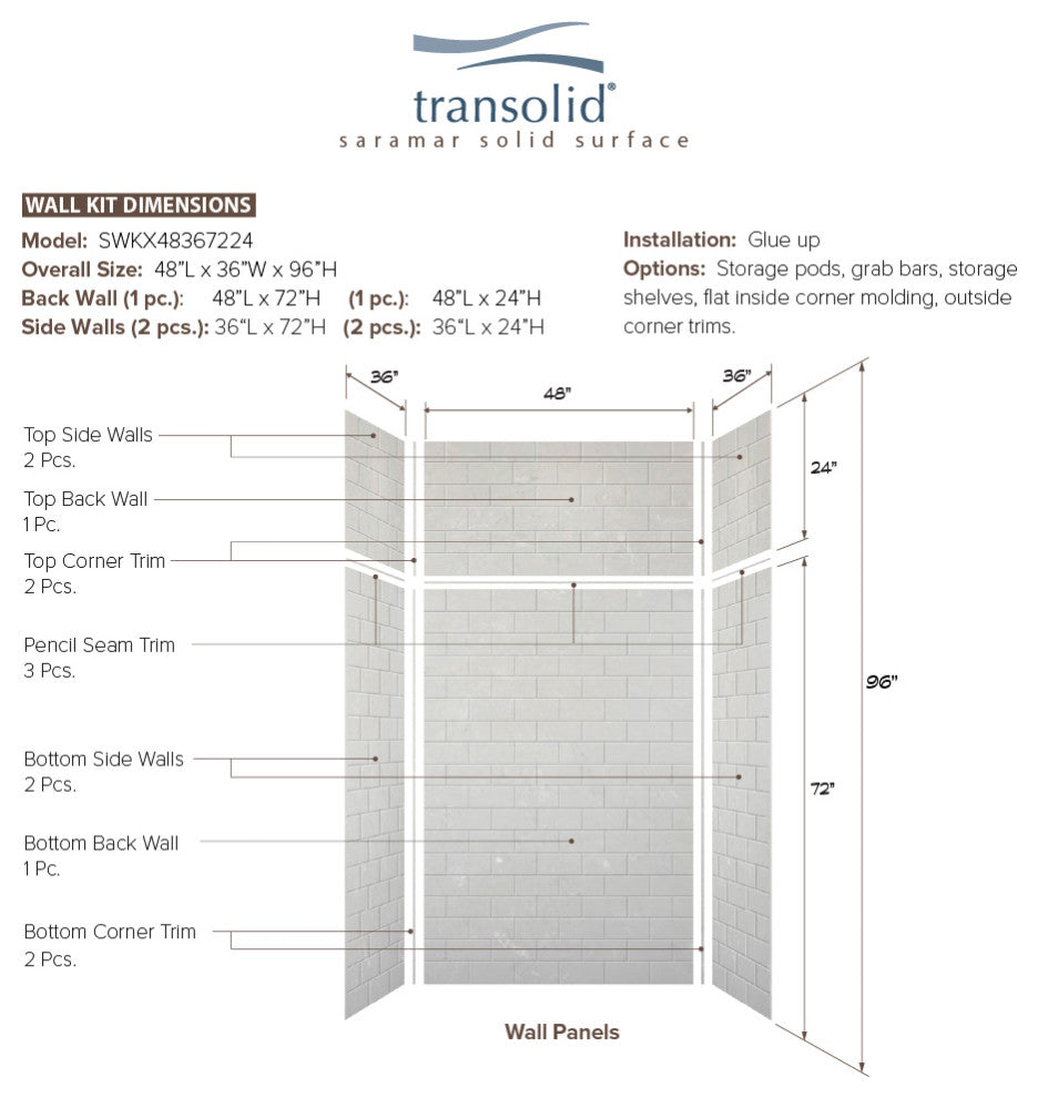 Transolid SaraMar 48"x36"x96" 6-Piece Shower Wall Kit with Extension, Lunar
