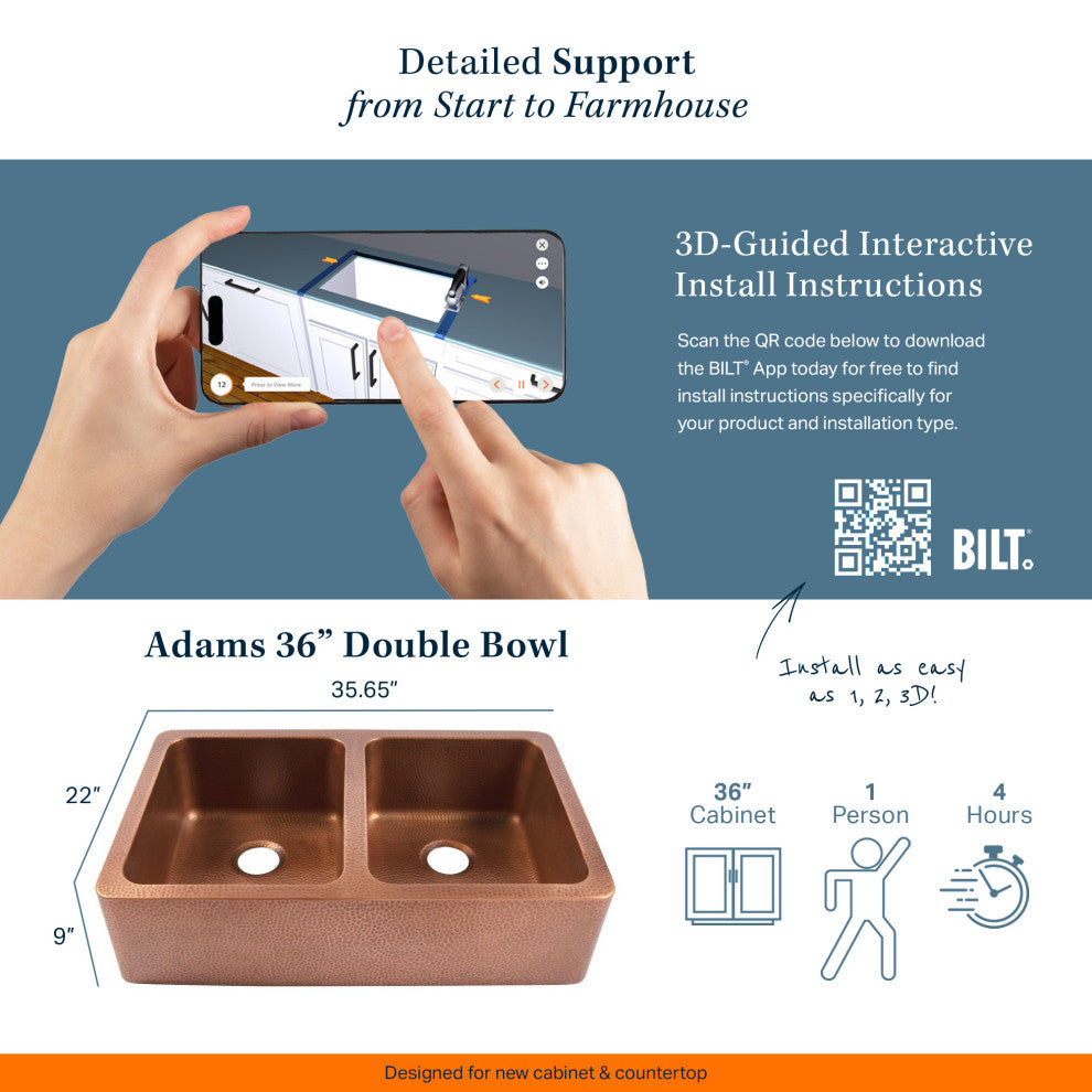 Adams Copper 36" Double Bowl Farmhouse Apron Front Undermount Kitchen Sink