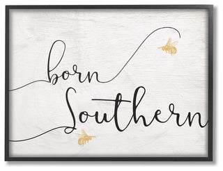 Born Southern Yellow Bees Script Typography Oversized Framed Giclee Art, 16"x20"
