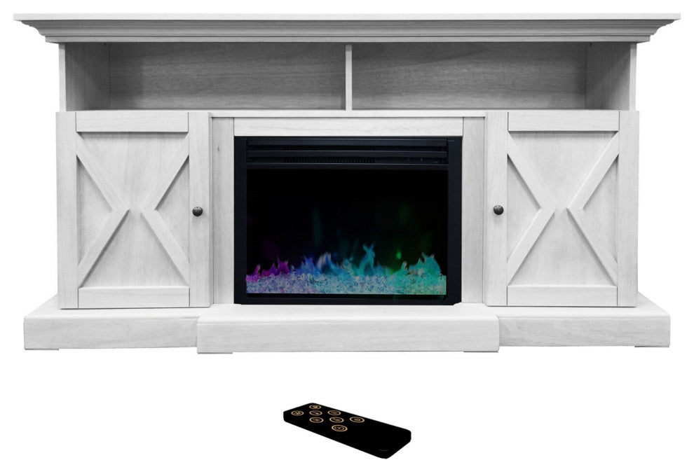 62" Summit Farmhouse Electric Fireplace Mantel With Crystal Insert, White