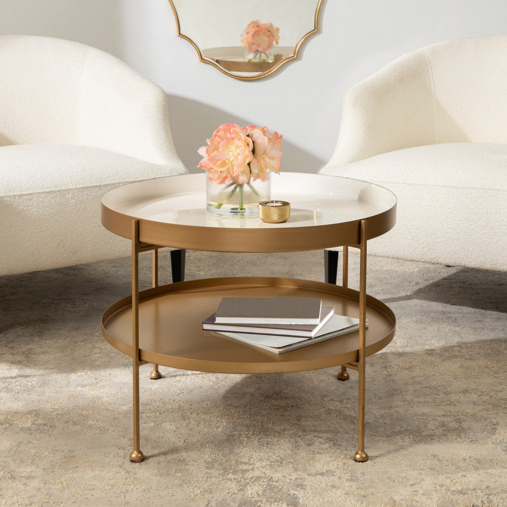 Nira Metal Coffee Table, White/Gold 26" Diameter