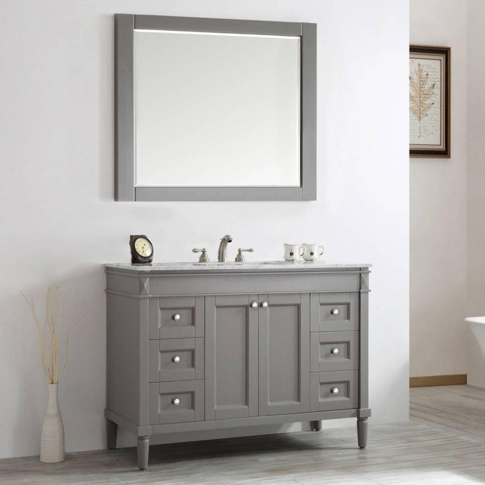 Catania Single Vanity With Carrara White Marble Top, Gray, 48", With Mirror