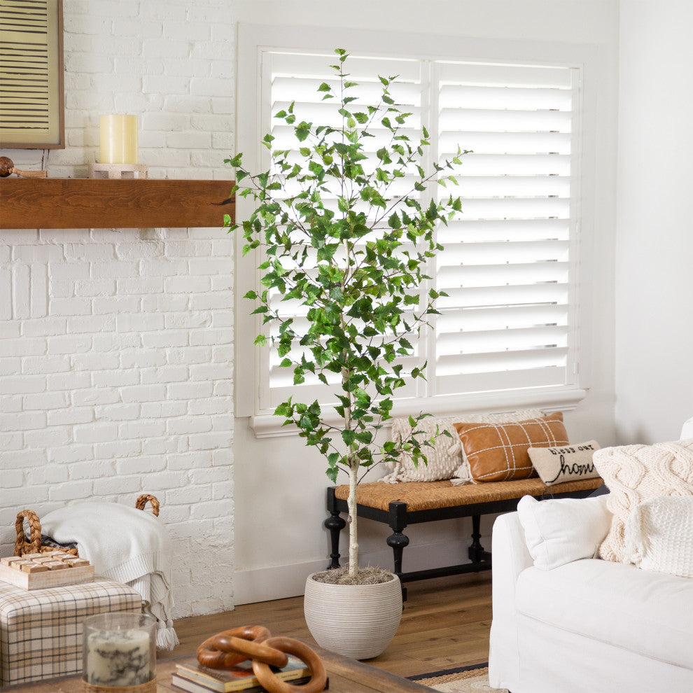 Lifestyle shot in a living room environment with tree visible.