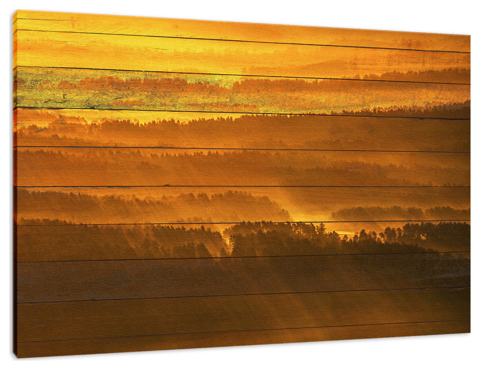 Faux Wood Golden Mist Valley - Hills & Mountain Range Canvas Prints, 24" X 36"