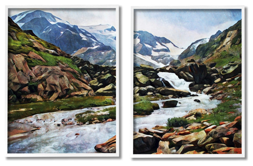 Peaceful Rocky Mountains Water Landscape Painting, 2pc, each 11 x 14