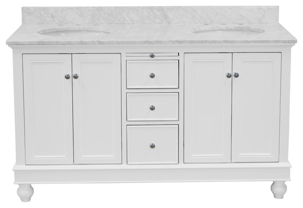 Bella 60" Bathroom Vanity, White, Carrara Marble, Double Vanity