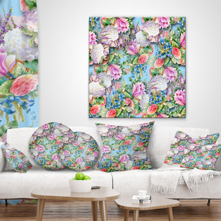 Pink Flower Pattern On Blue Floral Throw Pillow, 16"x16"