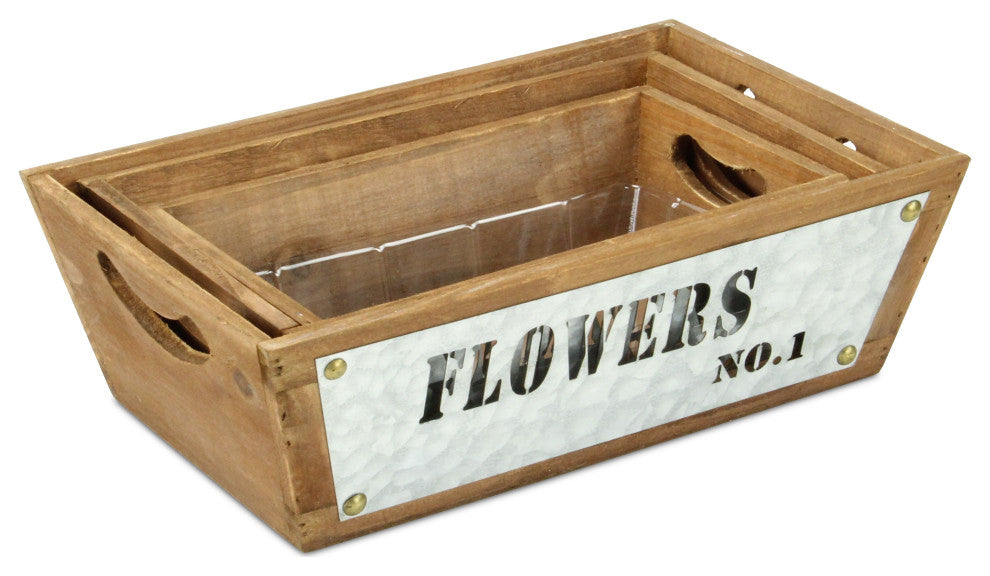 Set Of 3 Tapered Wood Storage With Galvanized Cutout Accent