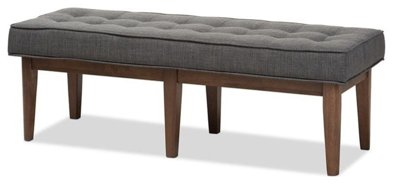 Lucca Mid-Century Modern Walnut Wood Dark Gray Button-Tufted Bench