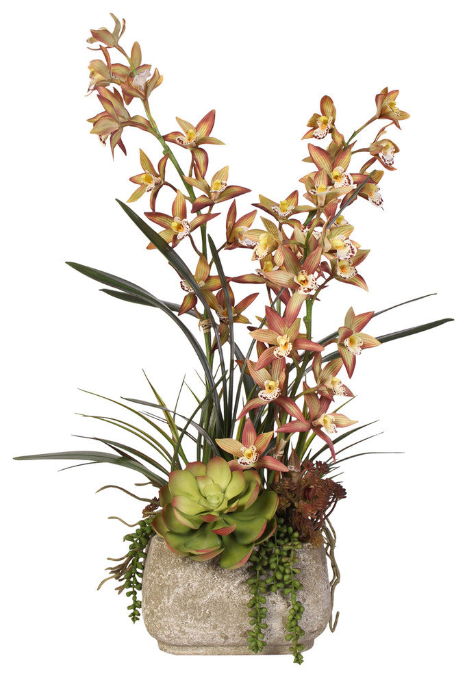 Green & Dusty Brown Silk Cymbidium Orchid & Succulents withPebbles in Cement Pot