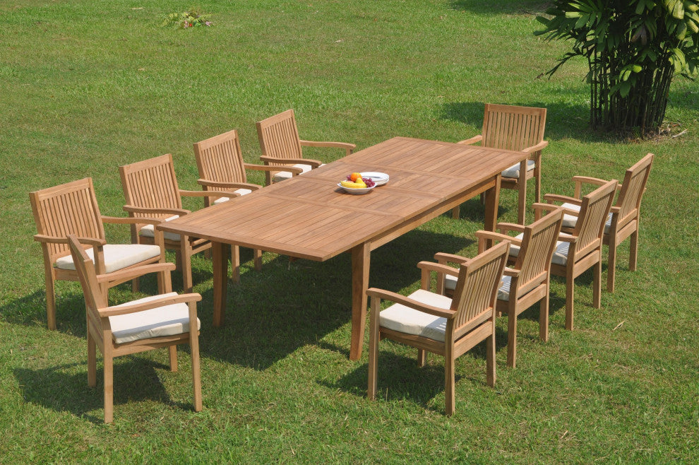 11-Piece Teak Dining Set 122" X-Large Rectangle Table, 10 Lev Stacking Arm Chair