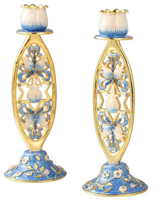 Shabbat Candlestick (2-Piece Set) Hand-Painted  Gold-Plated Pewter