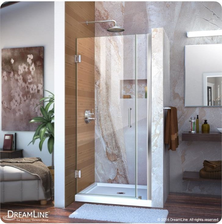 DreamLine Unidoor 29"-30" Frameless Hinged Shower Door, Clear Glass, Chrome