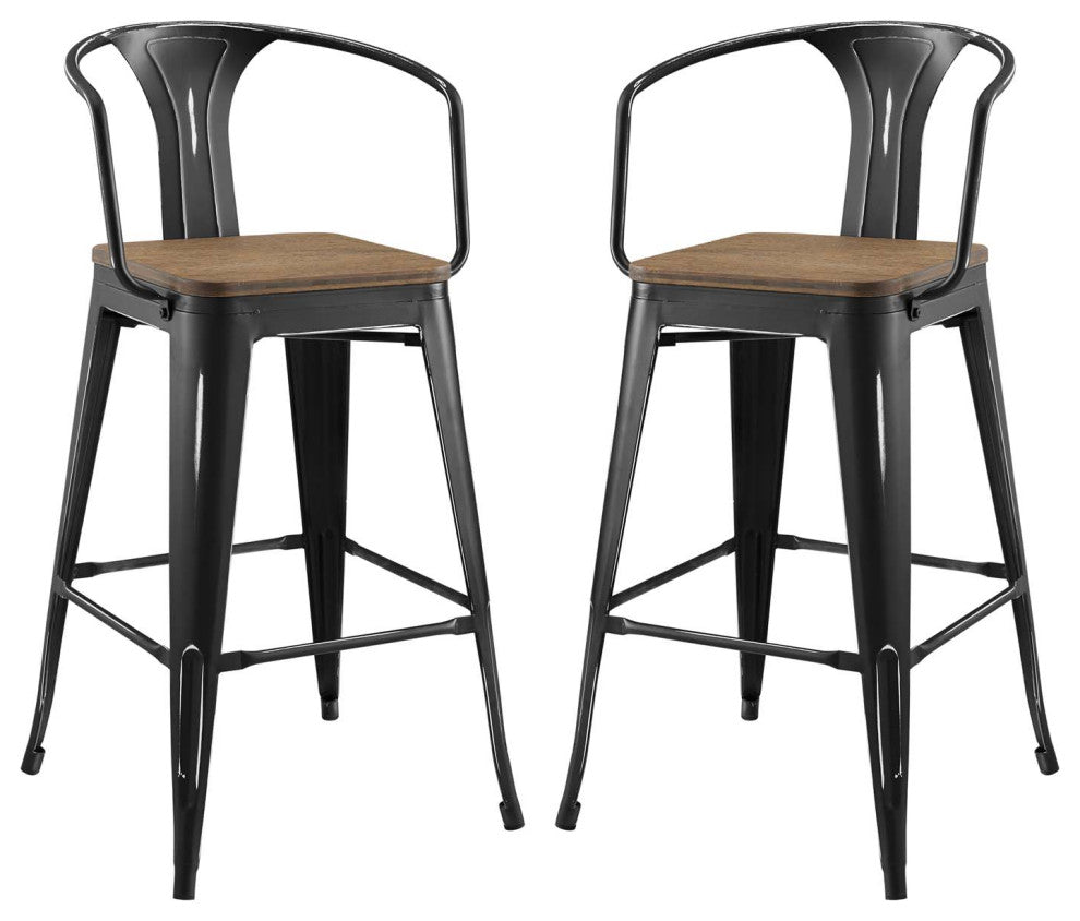 Bar Stool Chair Barstool, Set of 2, Wood, Metal, Black, Modern, Bar Pub Bistro