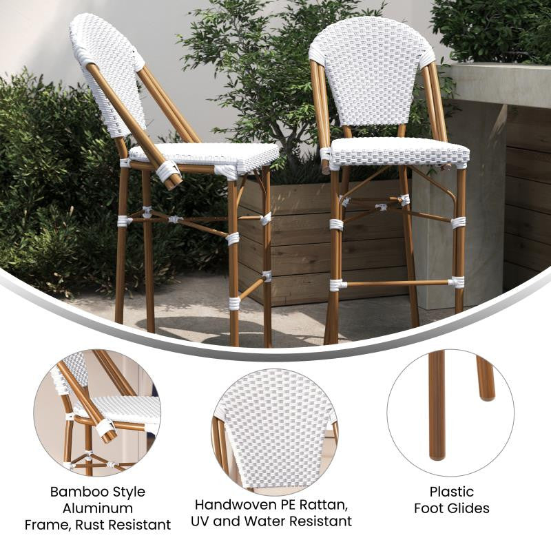 Set of 2 Stackable Indoor/Outdoor French Bistro 30" Bar Stools, White & Gray/Natural Frame