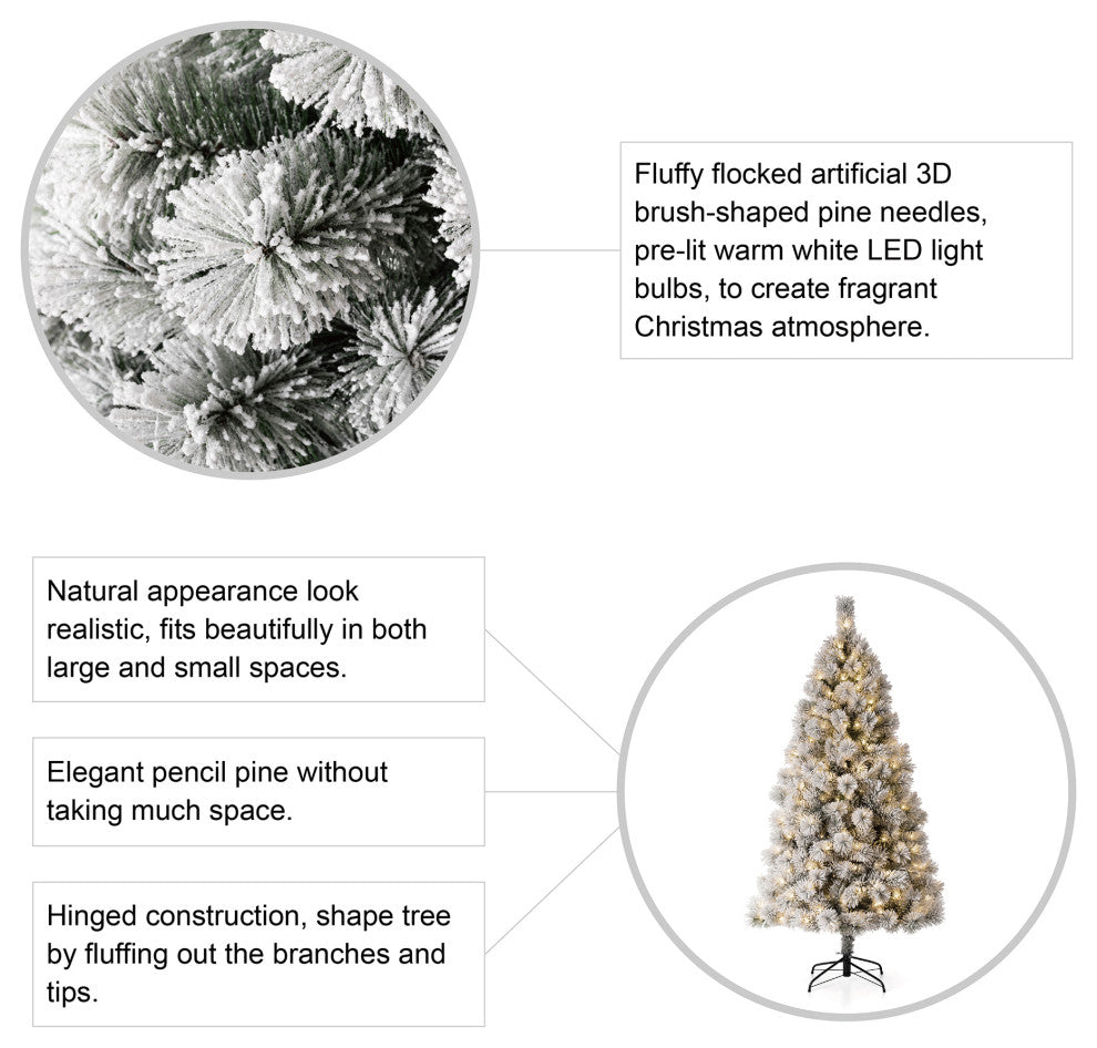 6ft Pre-Lit Flocked Pencil Pine Artificial Christmas Tree With 300 Warm Lights