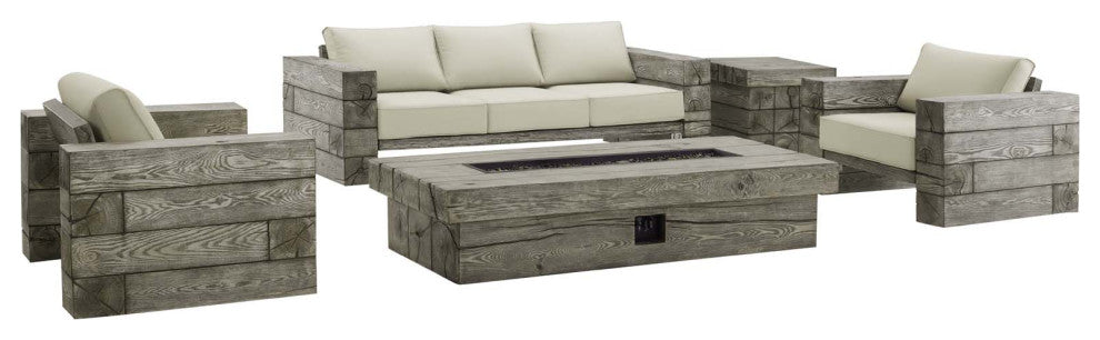 Lounge Sofa Chair Table Set, Sunbrella, Simulated Wood, Gray Beige, Outdoor