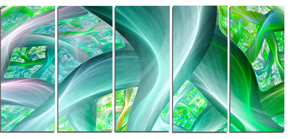 Green Fractal Exotic Plant Stems, Abstract Canvas Art Print, 60"x28", 5 Panels