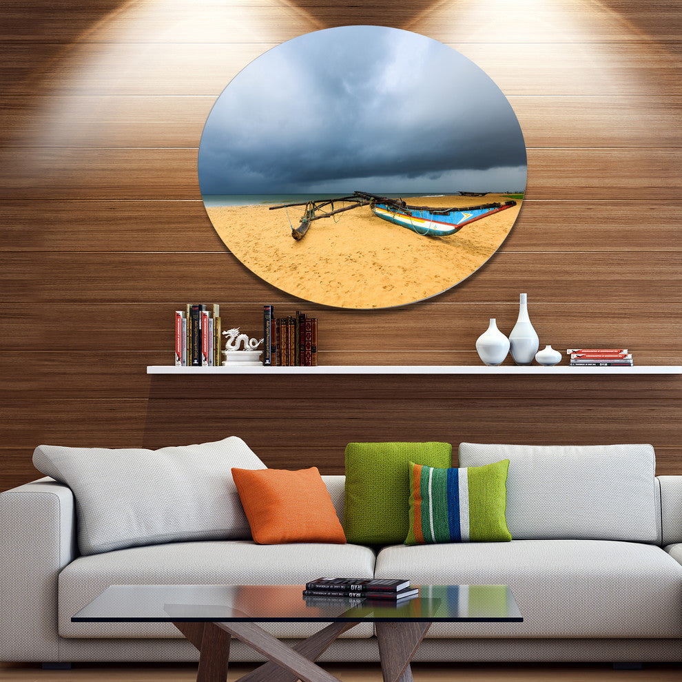 Beach With Dark Clouds Above Ocean, Seashore Round Metal Wall Art, 23"