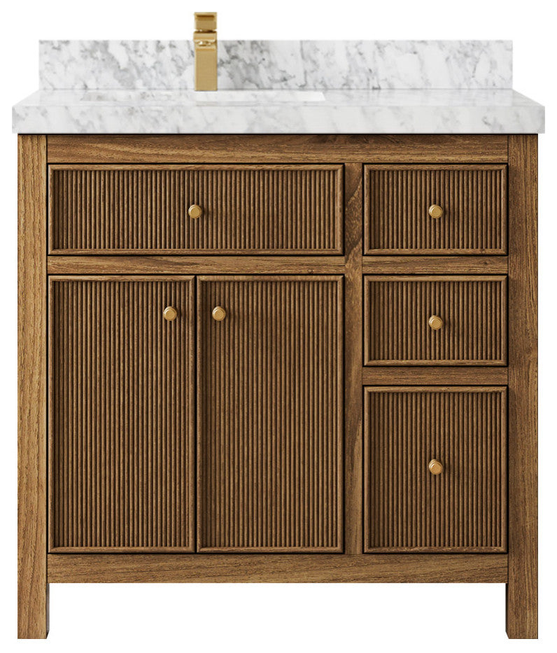 Sonoma Teak 36 Left Offset Bath Vanity in Dark Natural with 2" Carrara Marble