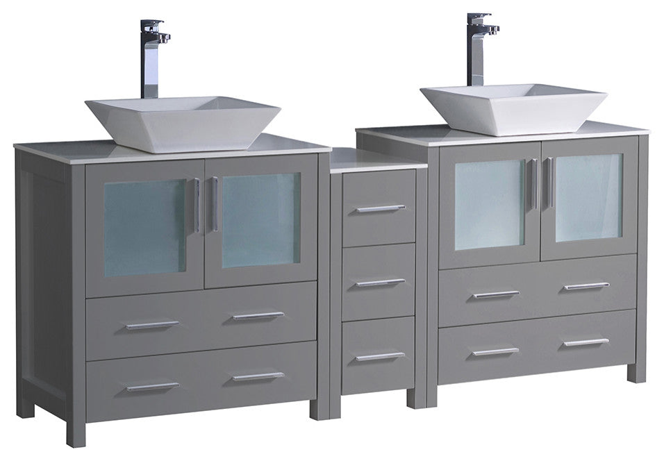 Torino Double Sink Bathroom Cabinets With Tops and Vessel Sinks, Gray 72"