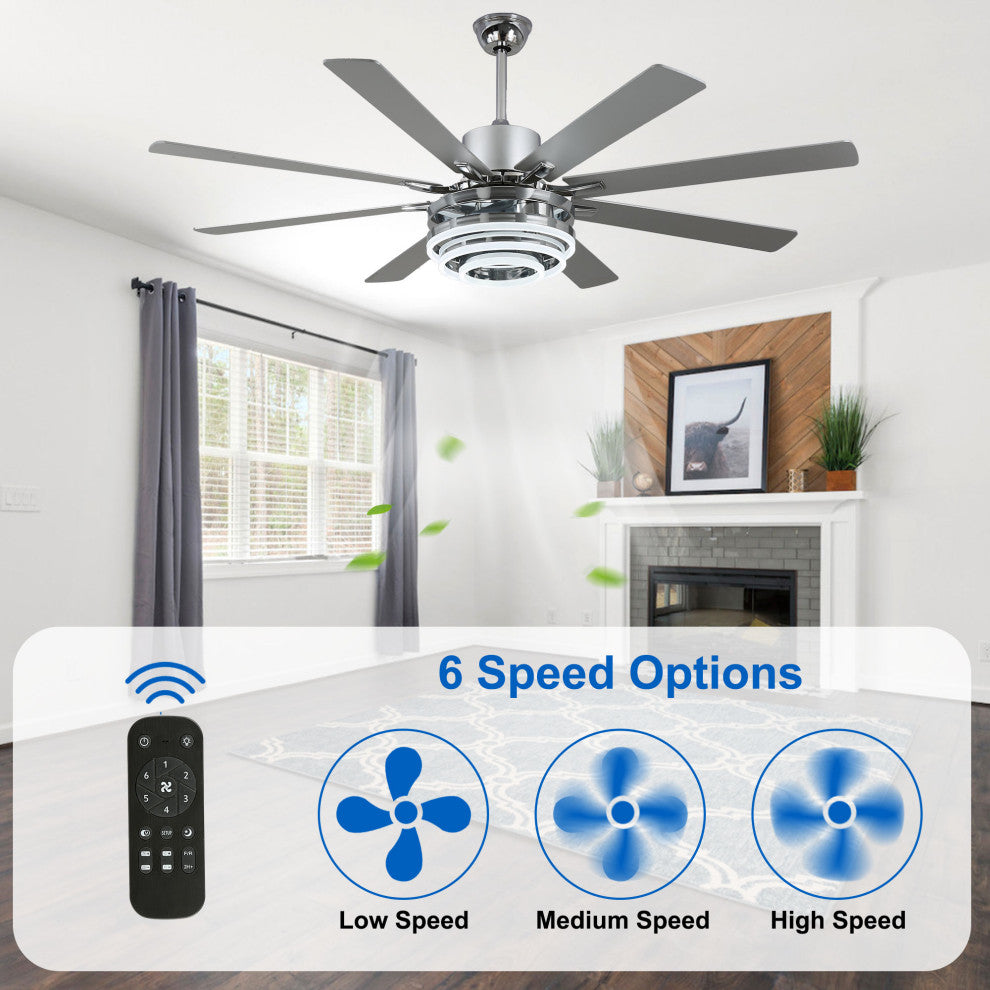72" Modern 8 Wood Blades Large Ceiling Fan w LED Light, Chrome