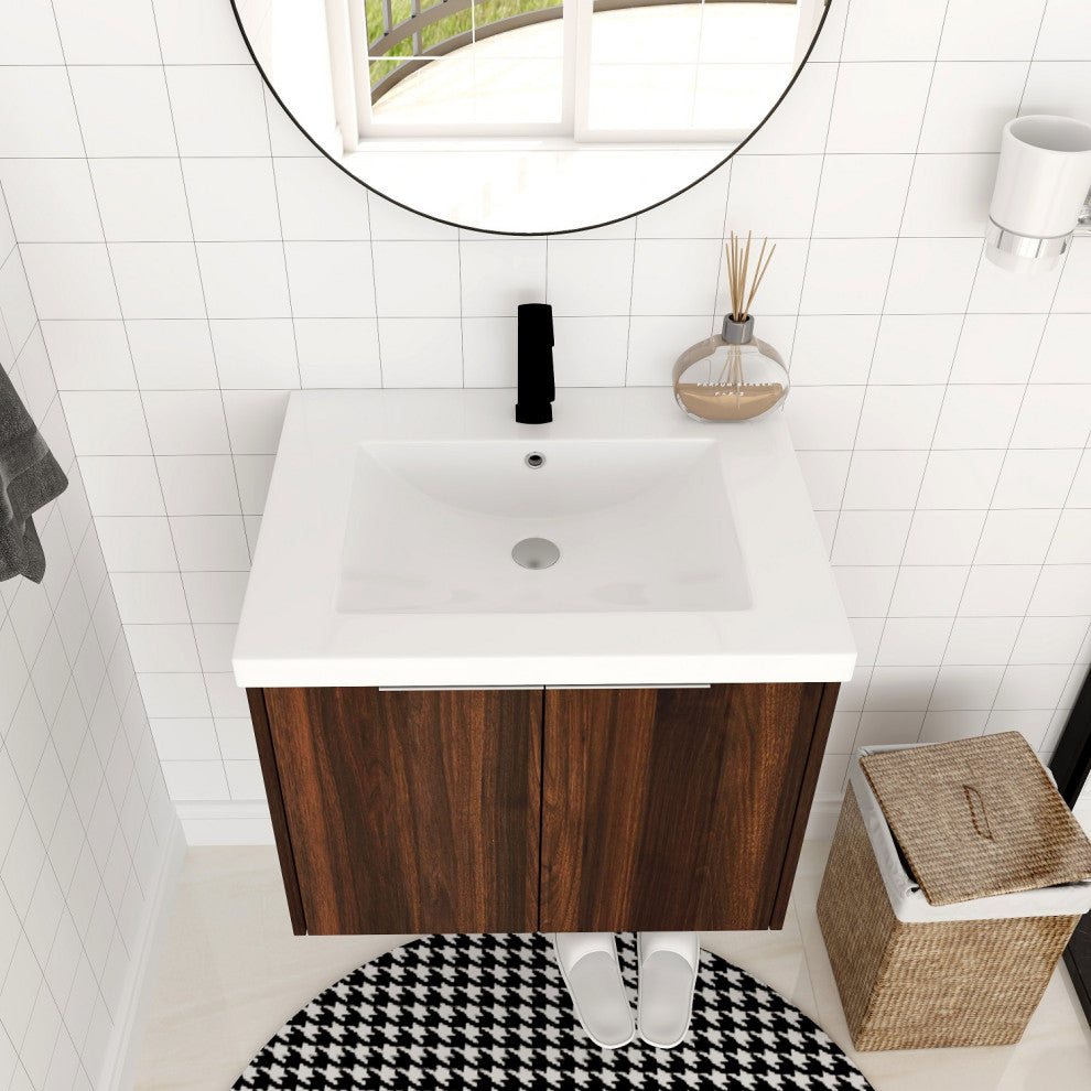 BNK Bathroom Vanity with Resin Sink, Modern Design with Soft Close Doors, California  Walnut