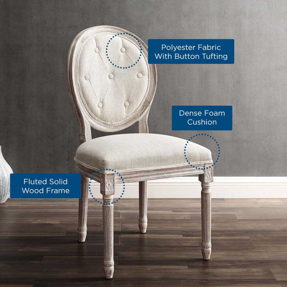 French Vintage Side Dining Chair, Fabric, Wood, Beige, Modern, Bistro Restaurant