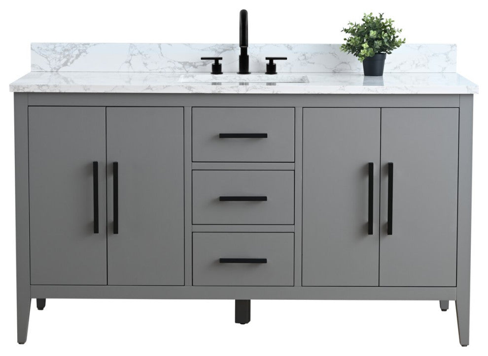Vanity Art Bathroom Vanity With Sink, Cashmere Gray, 60", Single Sink, Matte Black