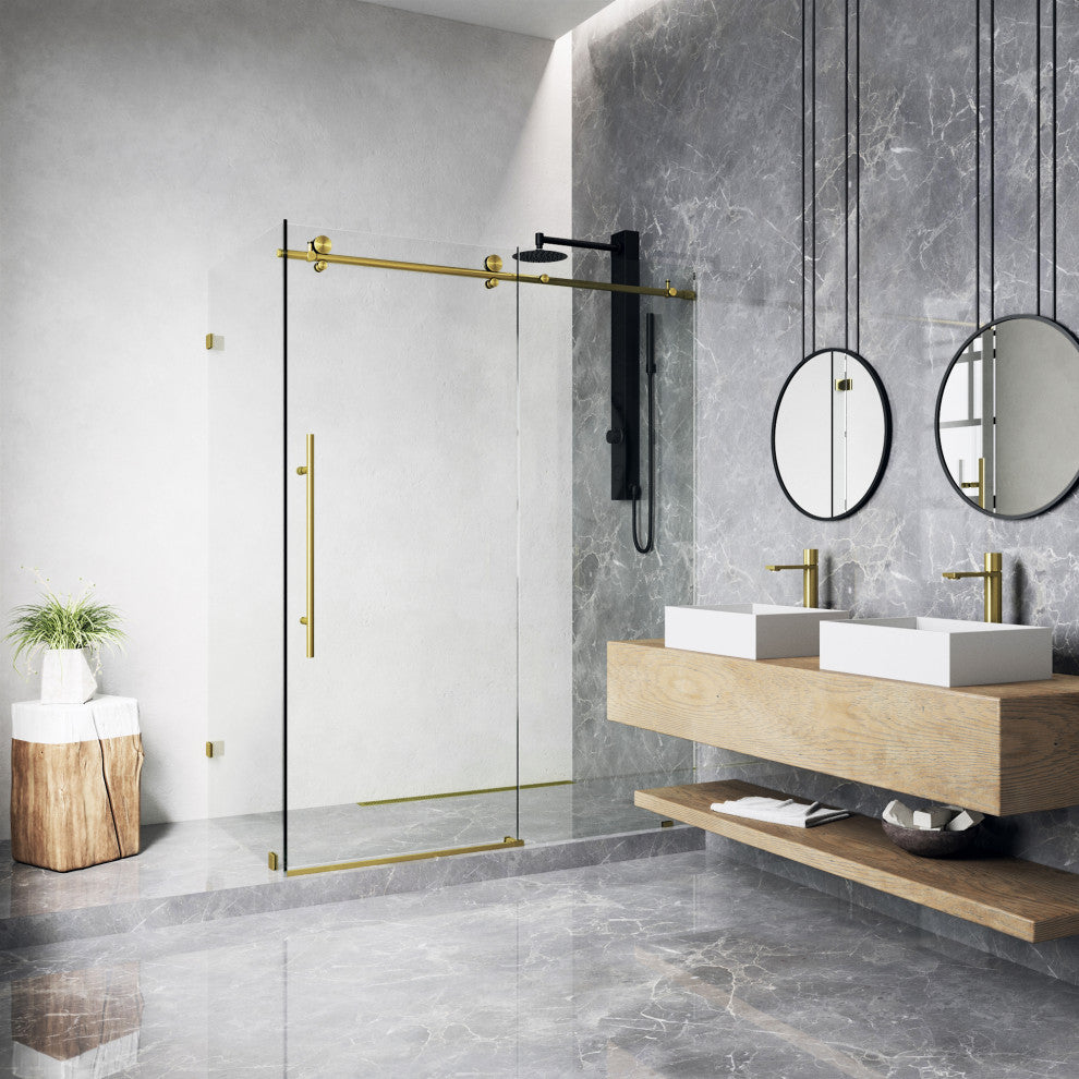 VIGO Elan E-Class Frameless Sliding Shower Enclosure, Matte Brushed Gold, 35" D X 46" W X 76" H, Without Base