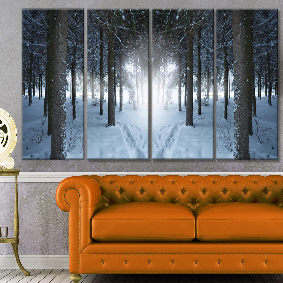 Winter Forest with Dark Woods, Landscape Canvas Art Print, 48"x28", 4 Panels