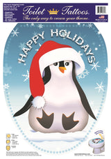 Happy Penguin Toilet Tattoos Seat Cover, Vinyl Lid Decal, Christmas Bathroom, Elongated
