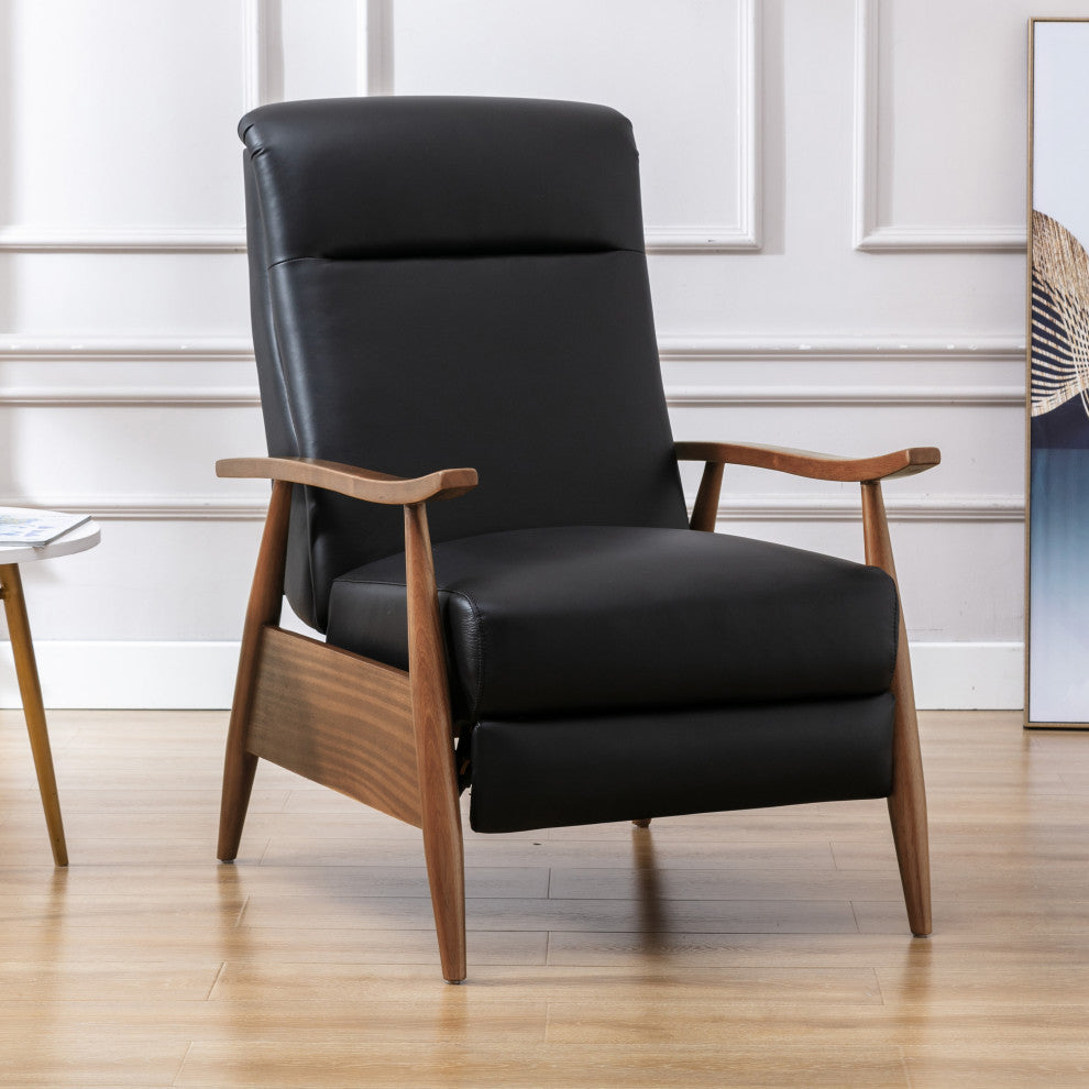 Fairview Leather Wood Arm Push Back Recliner, Black